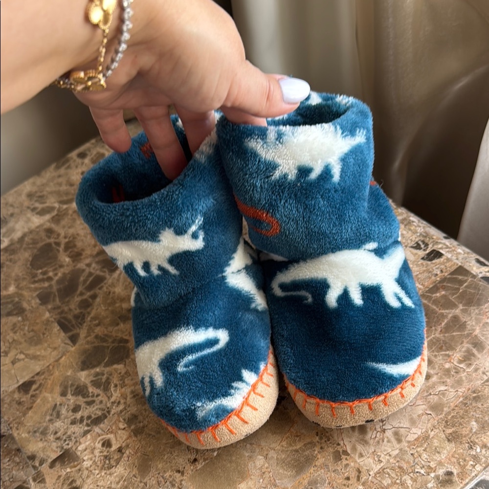 Hatley Blue and White Dinosaur Slippers